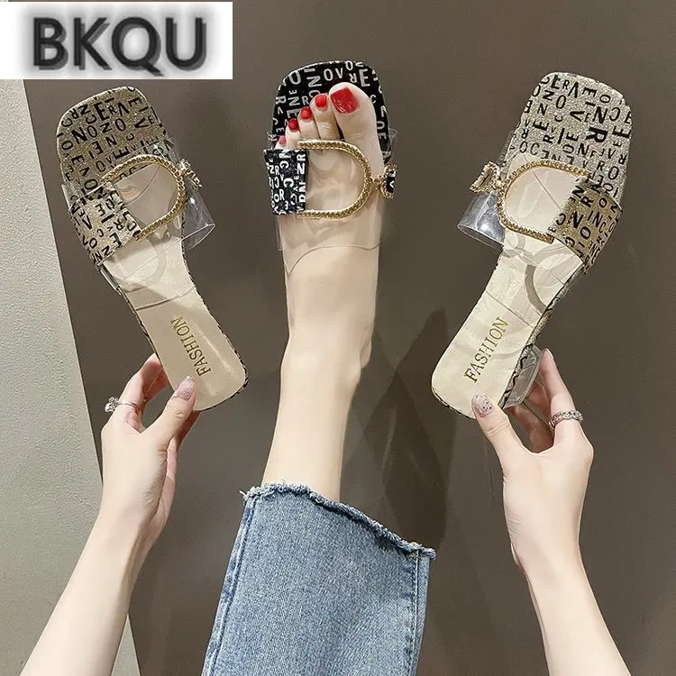 

2022 Summer New Women's Chunky High Heels Transparent Slippers Transparent High Heels Metal Buckle Ladies Slippers