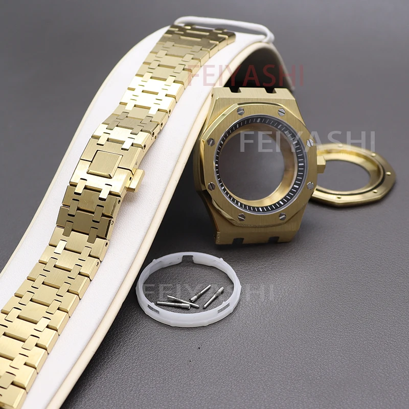 41mm Gold Men's Watch Case Strap Parts For Seiko nh34 nh35 nh36,38 Movement 28.5mm Dial Sapphire Crystal Glass With Chapter Ring