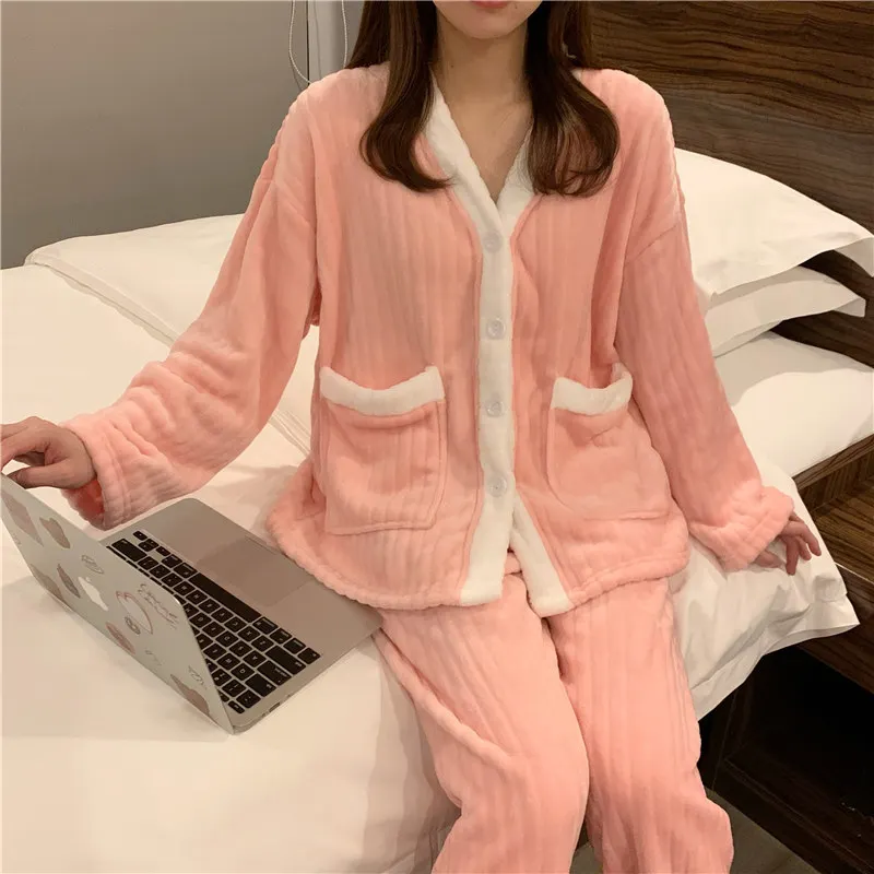 Autumn Winter New Pink Flannel Cardigan Warm Sweet Pajamas Home Suit Loungewear Bedroom Set Sleep Tops Sleep Wear
