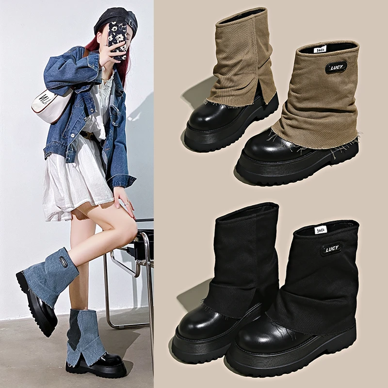 

2023 New Autumn and Winter British Style Slim Boots Trouser Boots Design Sense of Thick Soled Canvas Women's Single Boots