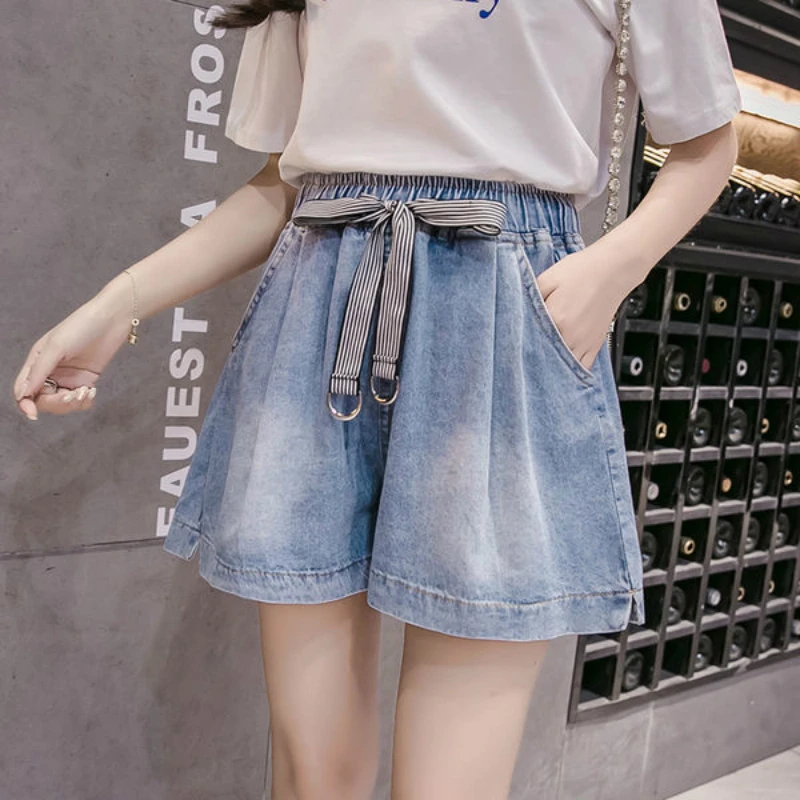 2021 Summer Elastic-waist Waistband A-line Wide-leg Shorts Women Denim Washed Oversized Loose Korean Students Short Jeans Chic