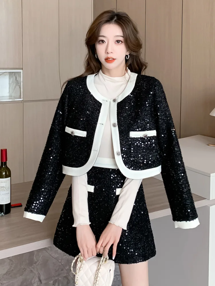 

Женский твидовый костюм из двух предметов, роскошный пиджак и юбка с блестками во французском стиле, комплект из двух предметов