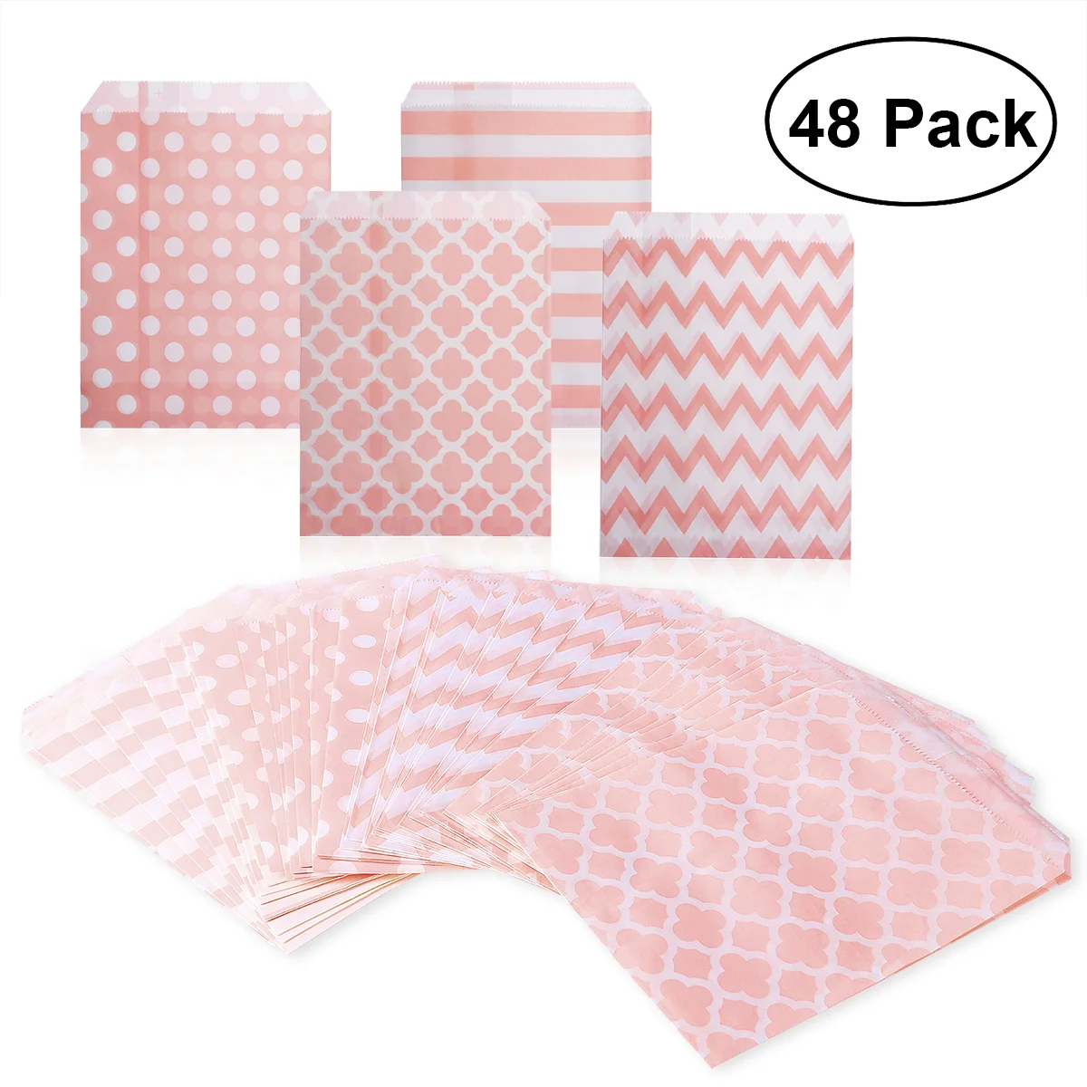 

NUOLUX 48pcs Striped Polka Dot Chevron Wedding Small Cellophane Party Brown Paper Paper Bag (Pink)