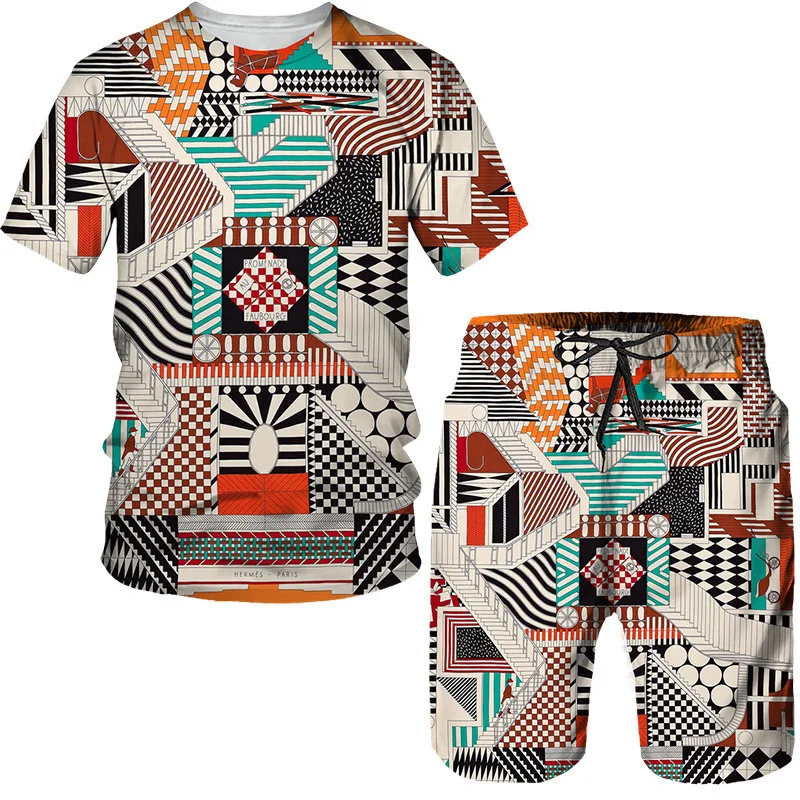 Fun Geometry Pattern Printing Men's T Shirt Loose O-neck Short Sleeve Tops Casual Comfortable Shorts 2 Piece Outfit Men Clothing