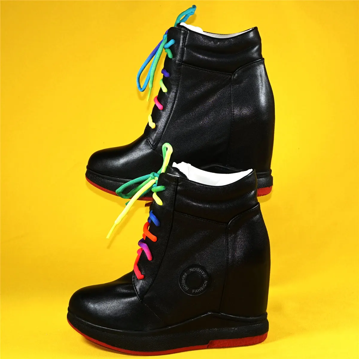 High Top Fashion Sneakers Women Lace Up Cow Leather Super High Heels Ankle Boots Female Round Toe Platform Pumps Casual Shoes