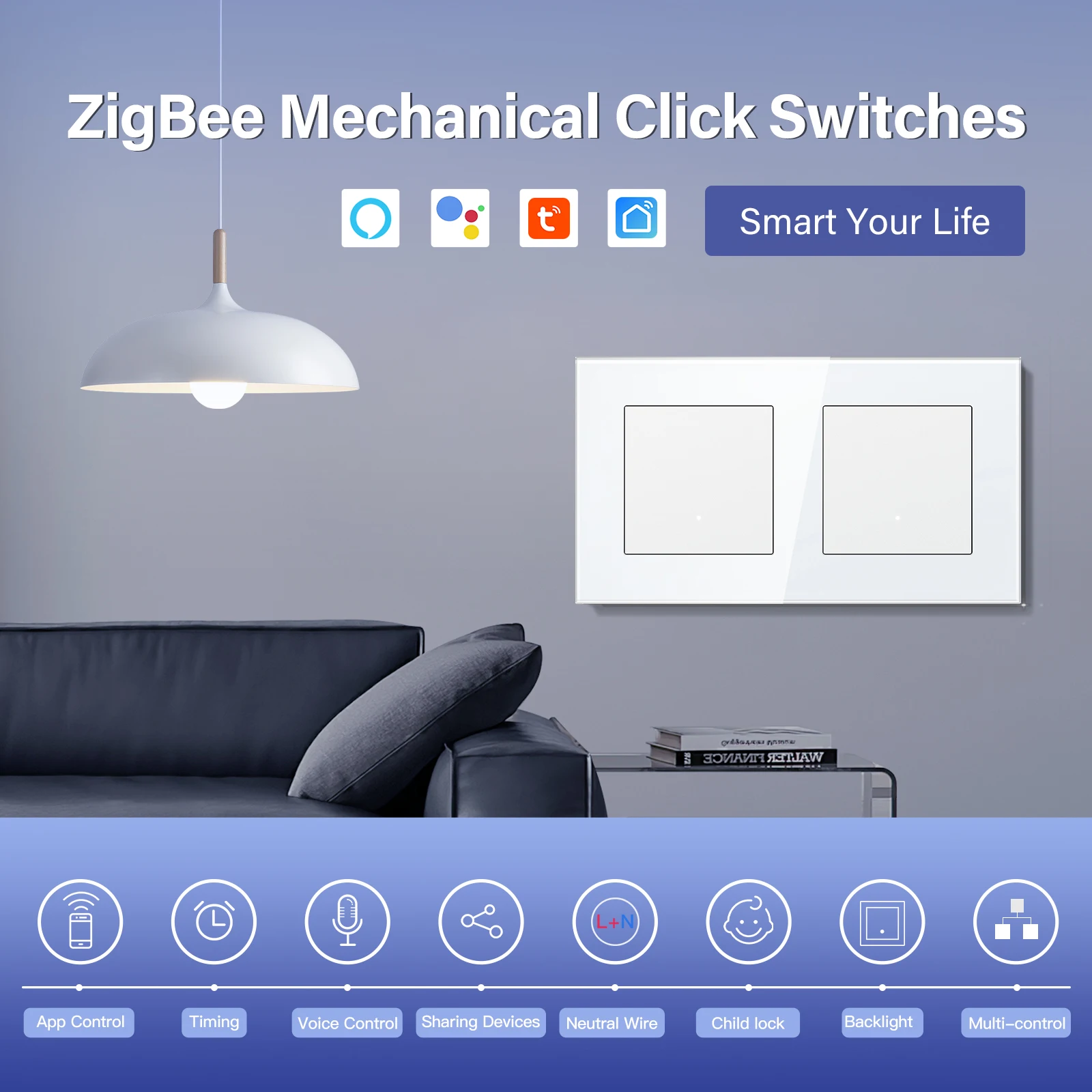 Фото BSEED Zigbee 1/2/3-клавишные умные выключатели света Tuya с кнопками Smart Click, приложение Smart Life, Alexa, розетки EU, порты USB-C (без Zigbee) №2