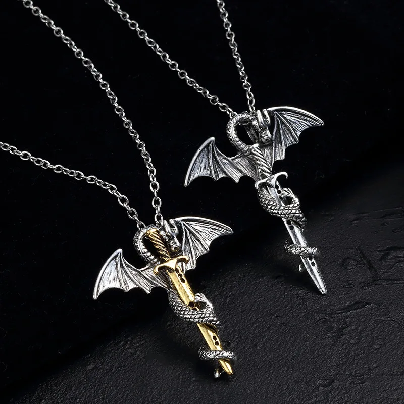 Fashion Dragon Sword Pendant Necklace for Men Personality Vintage Pterodactyl Stainless Steel Jewelry Hip Hop Punk Party Gift