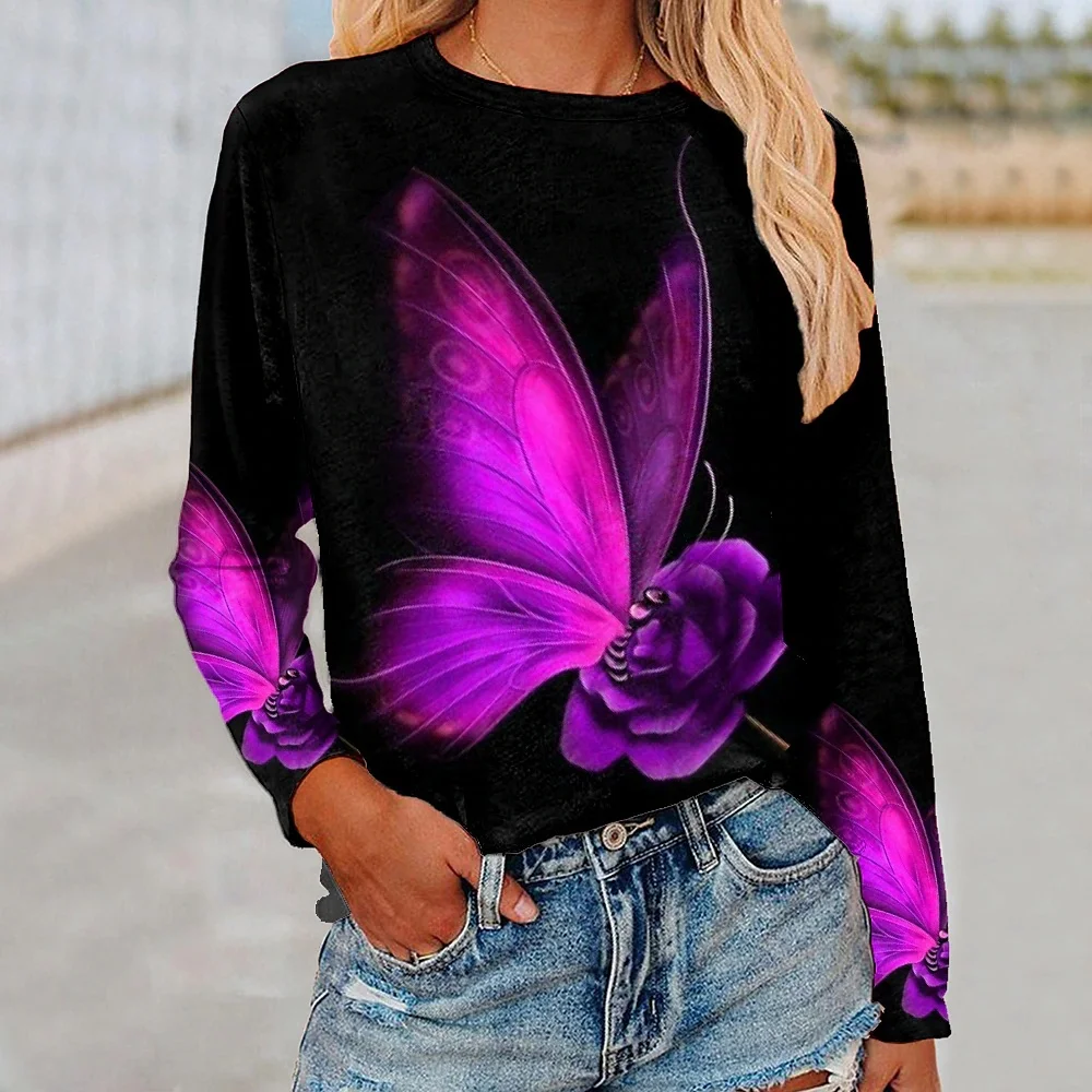 

2022 [New In] Women's Floral Theme Painting T Shirt Butterfly And Rose Print Round Neck Basic Tops Purple