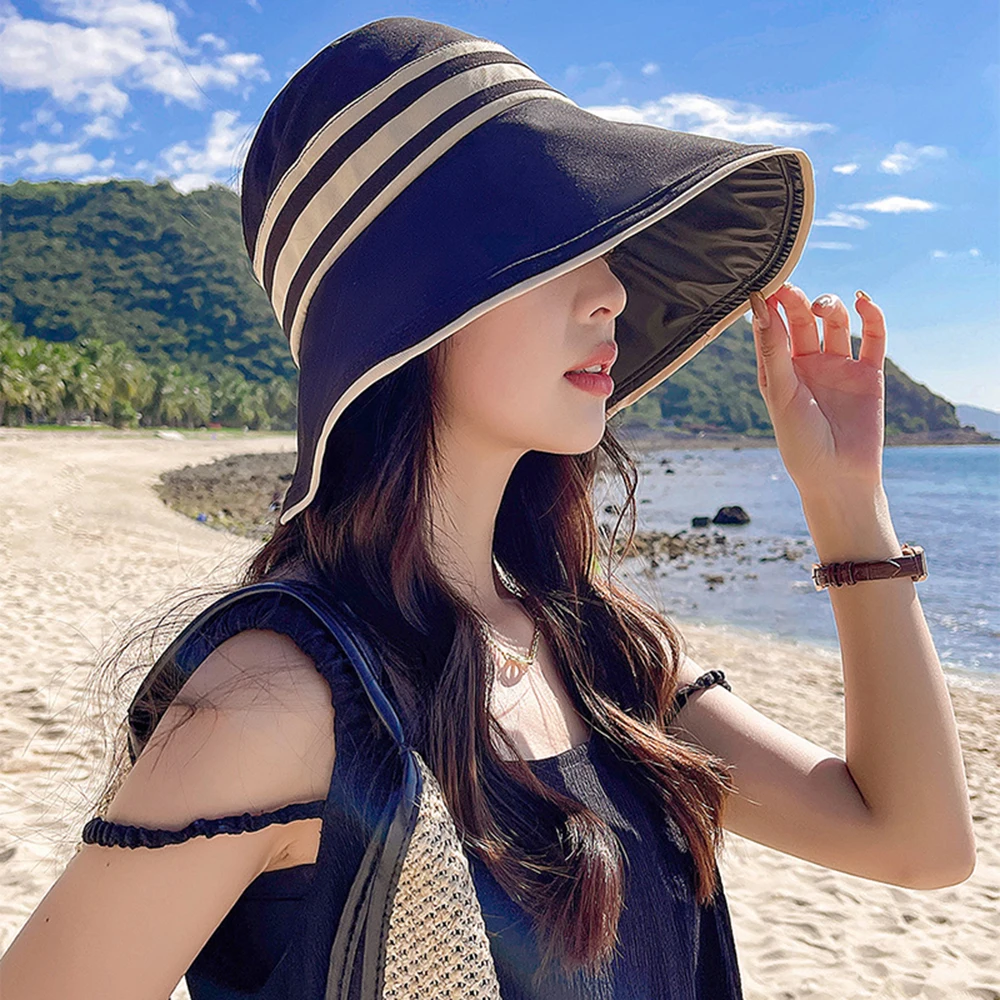 

Elegant Summer Sun Hats for Women Stripe Adjustable Wide Brim UV Protection Casual Beach Hat Breathable Foldable Ponytail Caps