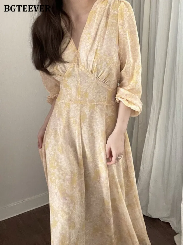 

Платье BGTEEVER женское с V-образным вырезом, элегантное приталенное ТРАПЕЦИЕВИДНОЕ, с длинным рукавом, на шнуровке, с цветочным принтом, весна-л...