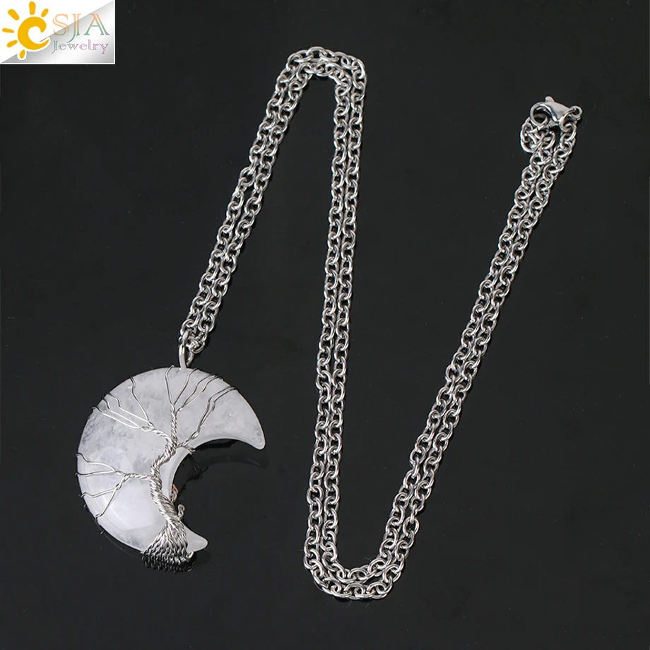 CSJA ожерелье с подвеской из натурального кристалла в форме Луны Дерево жизни