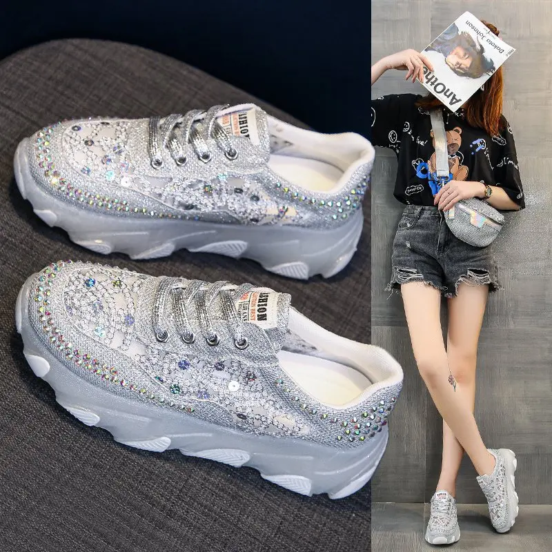 

Women Platform Sneakers 2023 Autumn Rhinestone Sequin Lace-up Casual Sport Running Shoes Femme Breatheable Shoes Zapatos Mujer