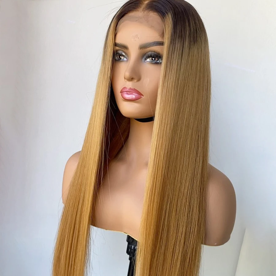 Long Transparent HD Lace 1B27 Straight Human Hair Wig Pre Plucked Ombre Blonde 13x4 Lace Front Wig For Women Baby Hair Glueless