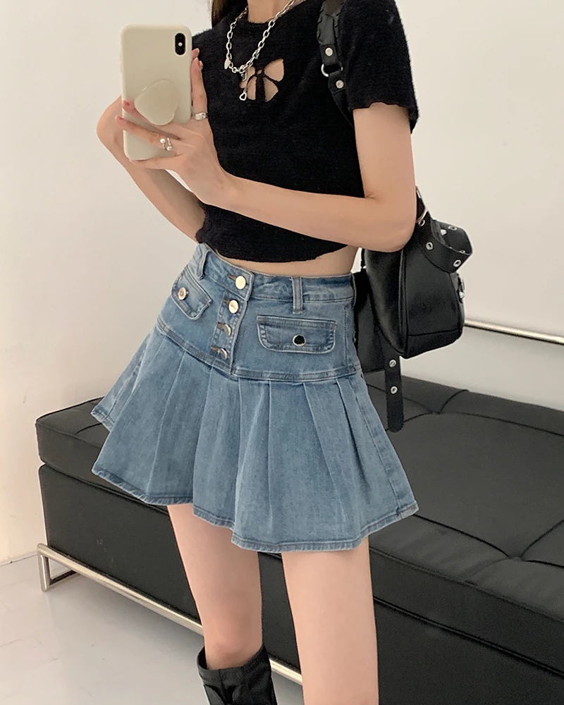 Denim Skirt Women's Blue Summer Shorts Casual Commuter Ruffles High Waist Slim Spicy Girl Wrap Hip  Skirt Pleated Short Skirt