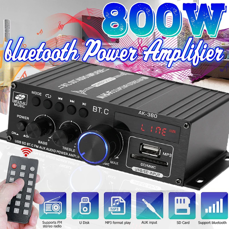 12 В 800 Вт Bluetooth автомобильный усилитель мощности двухканальный Hi-Fi стерео аудио