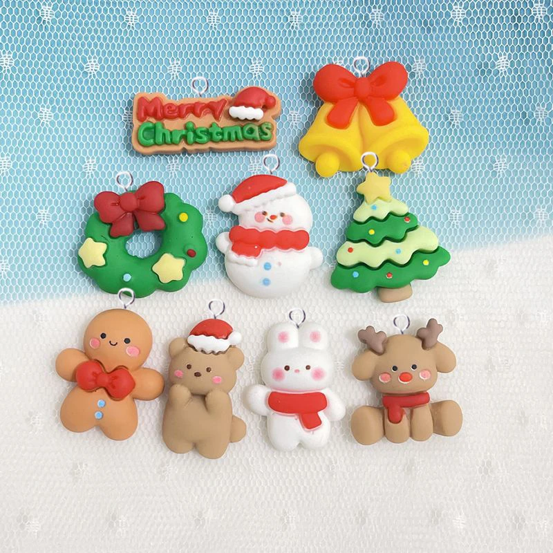 10 шт. милые Мультяшные Рождественские Подвески для изготовления ювелирных изделий, милый Пряничный человек, олень, медведь, дерево, колокольчик, снеговик, подвески C1090