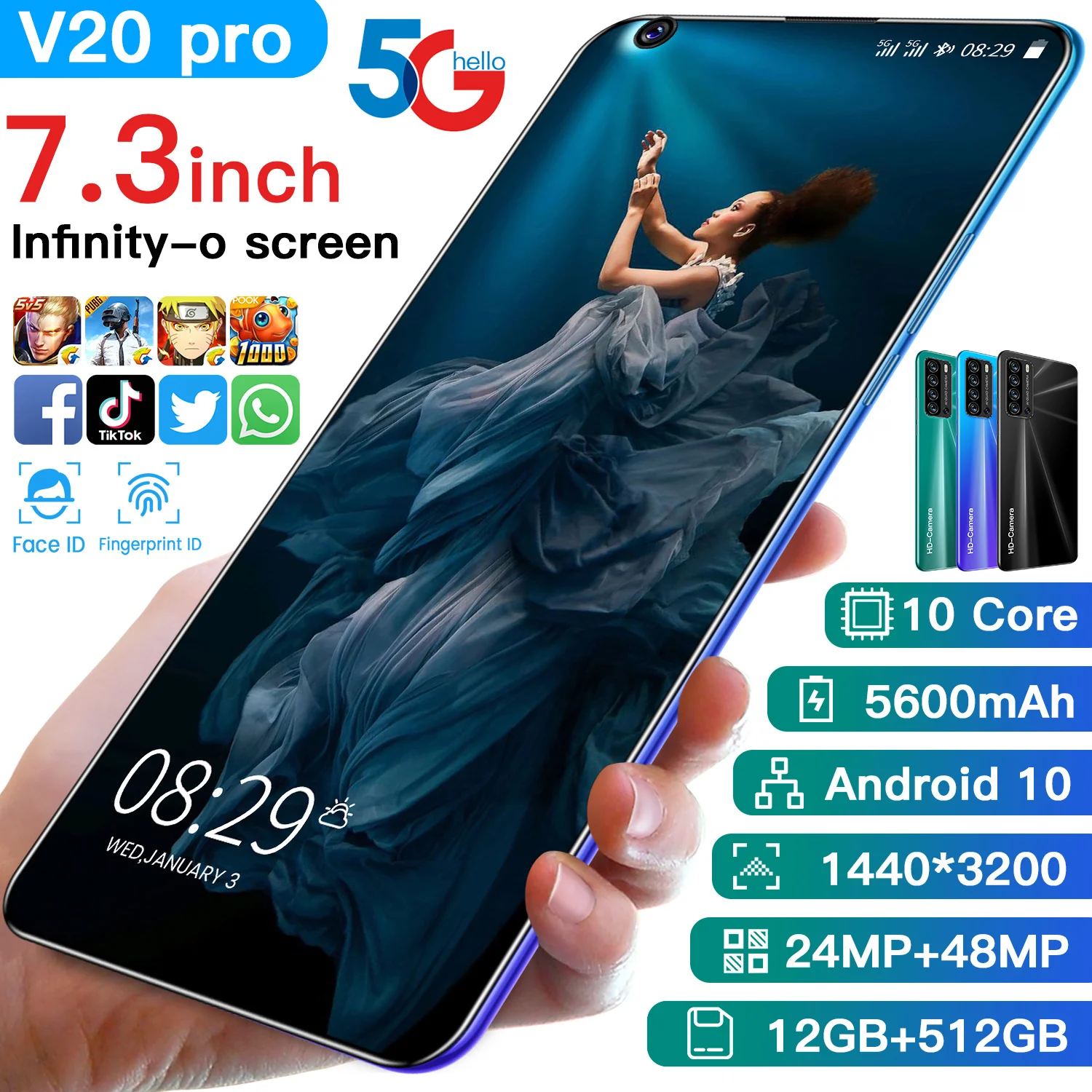 Смартфон V20 Pro 7 3 дюйма 12 + 512 гб Android 10 |