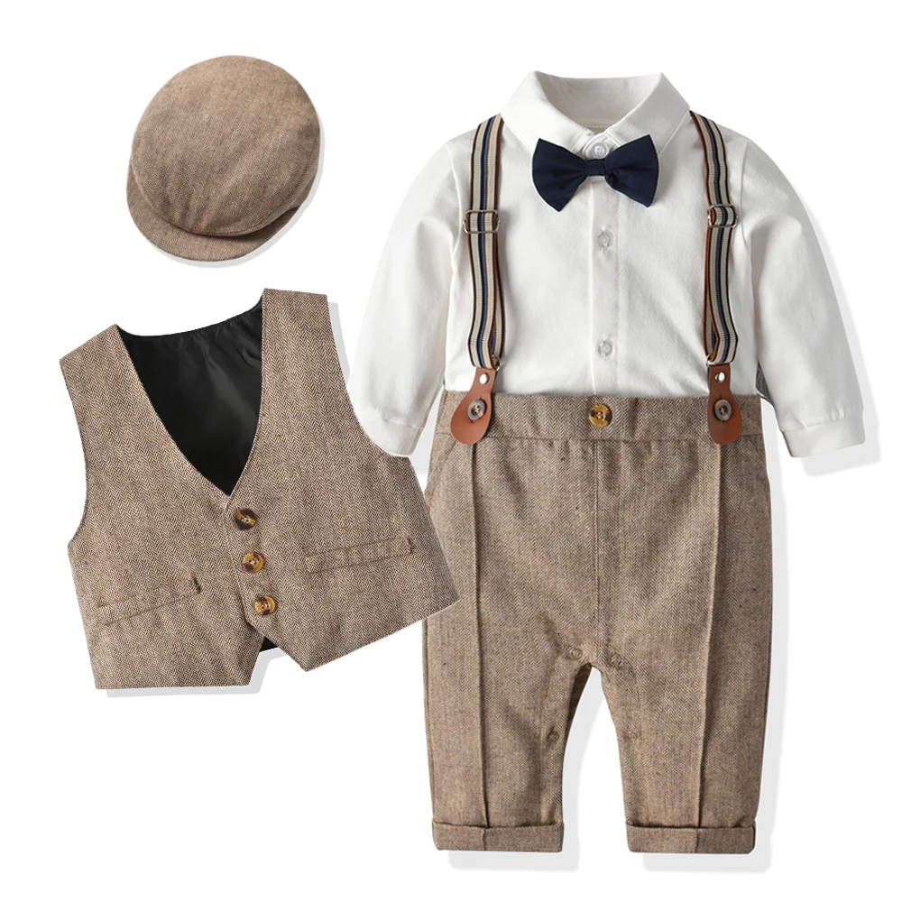 

Официальный комплект одежды для новорожденных мальчиков, джентльменский строгий костюм для мальчиков с шапочкой, жилетом и длинным рукаво...