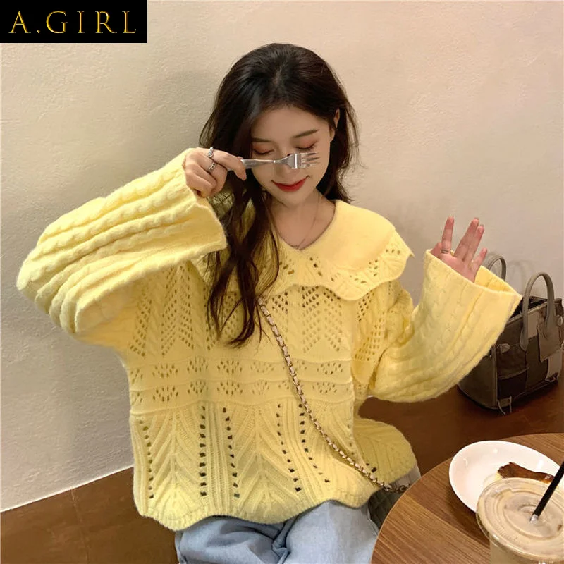 

Женские пуловеры с вырезами, однотонный свободный свитер в стиле ольччан с воротником «Питер Пэн» для девушек и студенток, мягкий шикарный ...