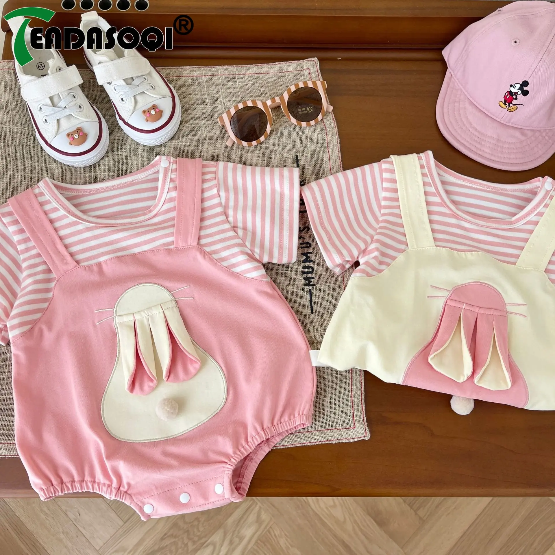

Two-piece Style for The Ultimate Summer Look Striped Rabbit Bodysuits Infant Baby Girls 0-2 Years One-piece Contrast Color Faux
