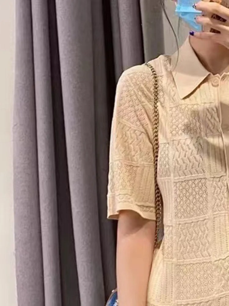 

Women Hollow out Cardigan Sweater Turn-down Collar Short Sleeve Jumper Top Female Single Breasted Knit Cardigan coat 2022 new