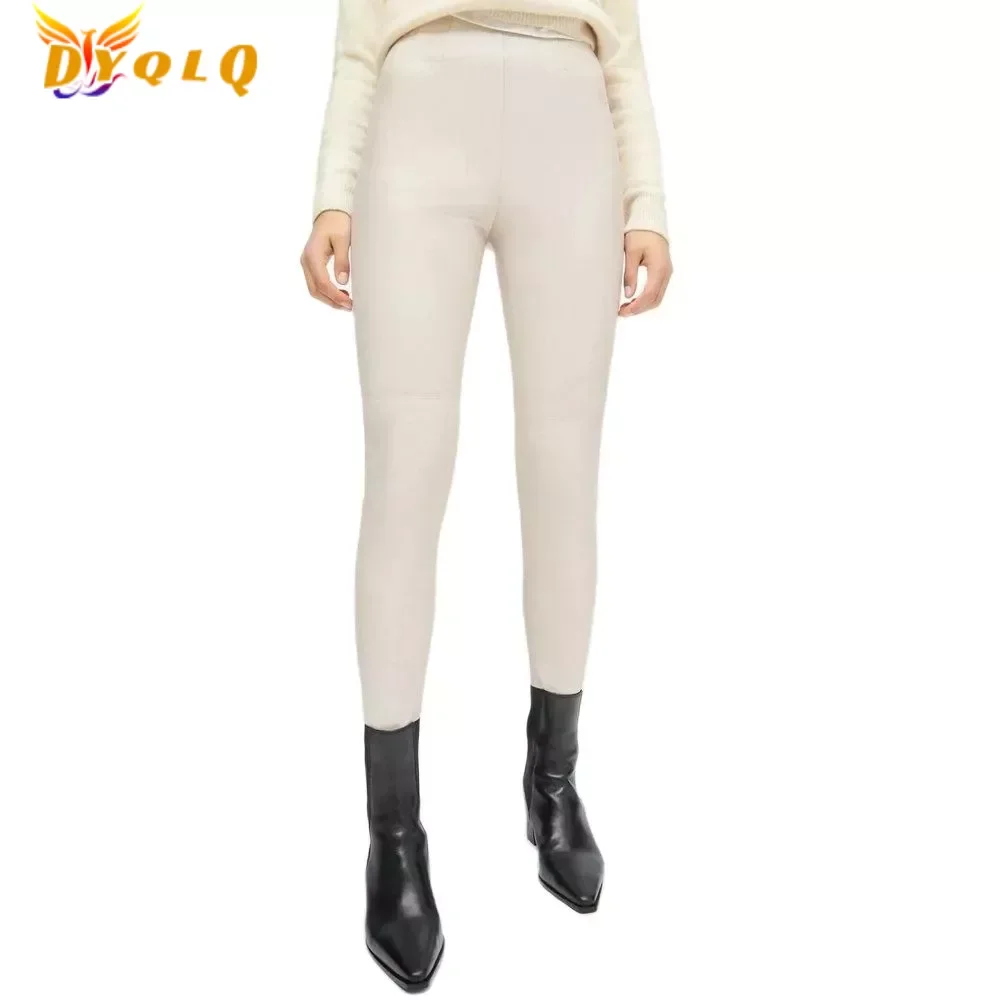 

2022 модные осенне-зимние женские брюки с высокой талией из искусственной кожи женские черные бежевые флисовые зауженные эластичные брюки-ка...
