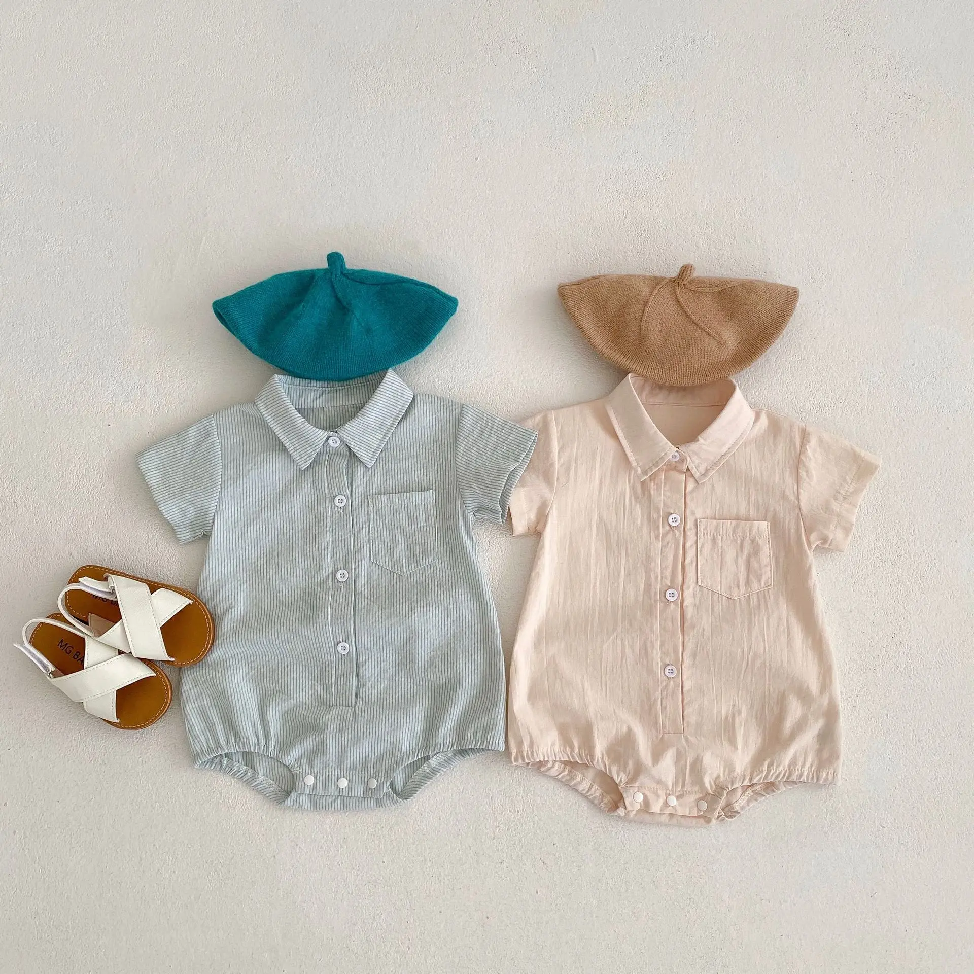 

Boy Girl Infant Solid Pocket Bodysuit Summer Ins Toddler Casual Striped Short Sleeves Onesie Baby Cotton Romper Newborn Outfits