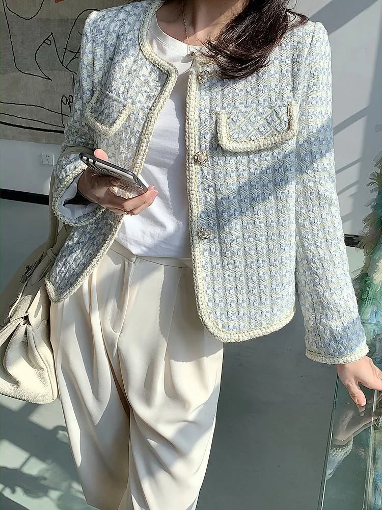 Женский твидовый укороченный пиджак куртки без воротника с длинным рукавом