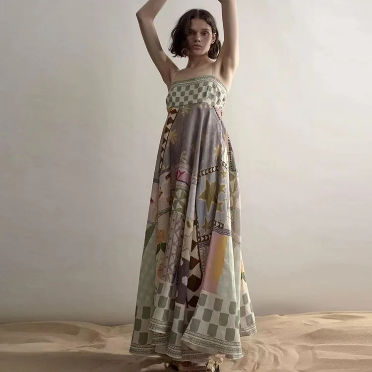 

SuperAen 2022 New Retro Palace Style Positioning Printing Aline Holiday Beach Spaghetti Strap Strapless Dresses for Women