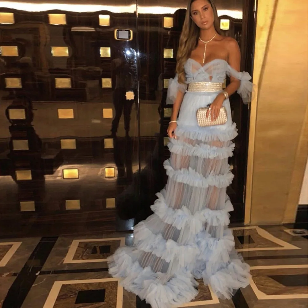 

2022 Sexy Baby Blue See Thru Tulle Mermaid Prom Dresses Backless Long Prom Gowns Beaded Waist Ruffles Tiered Formal Party Dress
