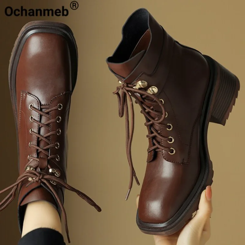 

Ochanmeb Women Genuine Leather Short Boots Chunky Block Heel Round Toe Lace-up Ankle Boots Brown Black Autumn Winter Woman Shoes