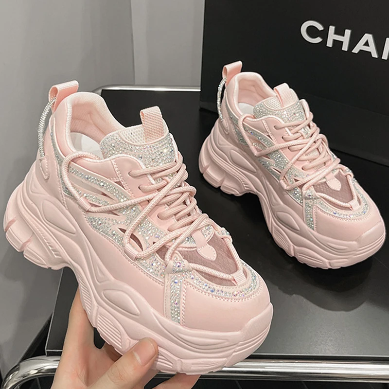 8CM Air Mesh Women Summer Rhinestones Shoe Platform Sneakers Soft Sole Chunky Heel Women Fashion Breathable Sneakers Woman Shoes