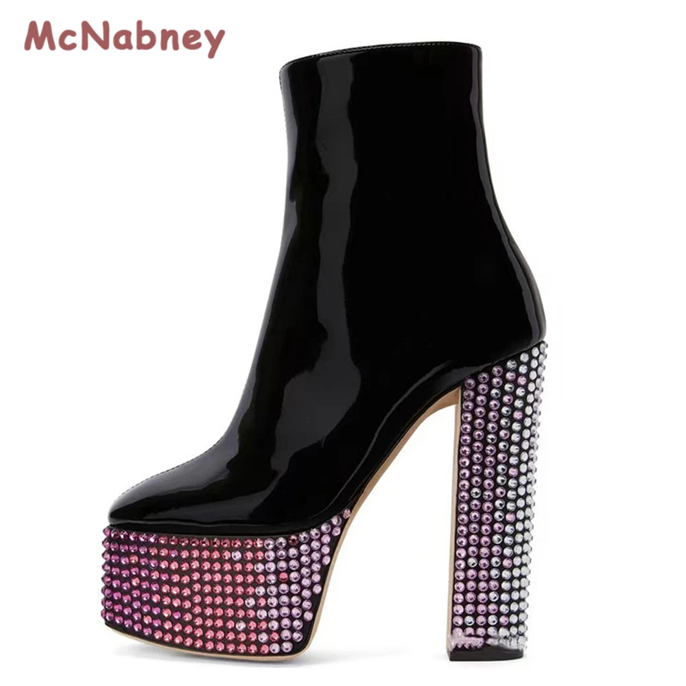 Sexy Women's Boots Crystal Chunky Heel Shoes 2023 Ladies Party Fashion Short Boots Female High Heels Colored Rhinestones Boots