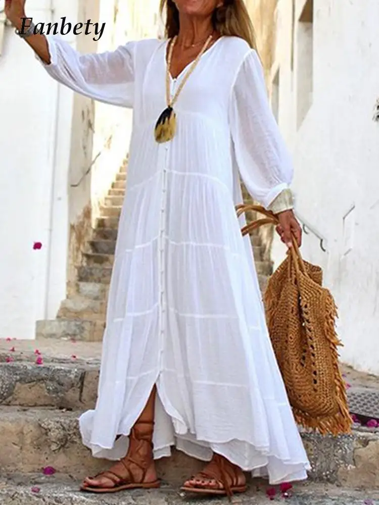 

2022 Women's New Boho Party Dress Sexy Solid Color V-neck Loose Long Sleeve Cotton Linen Dress Vintage Pleated Shirt Maxi Dress