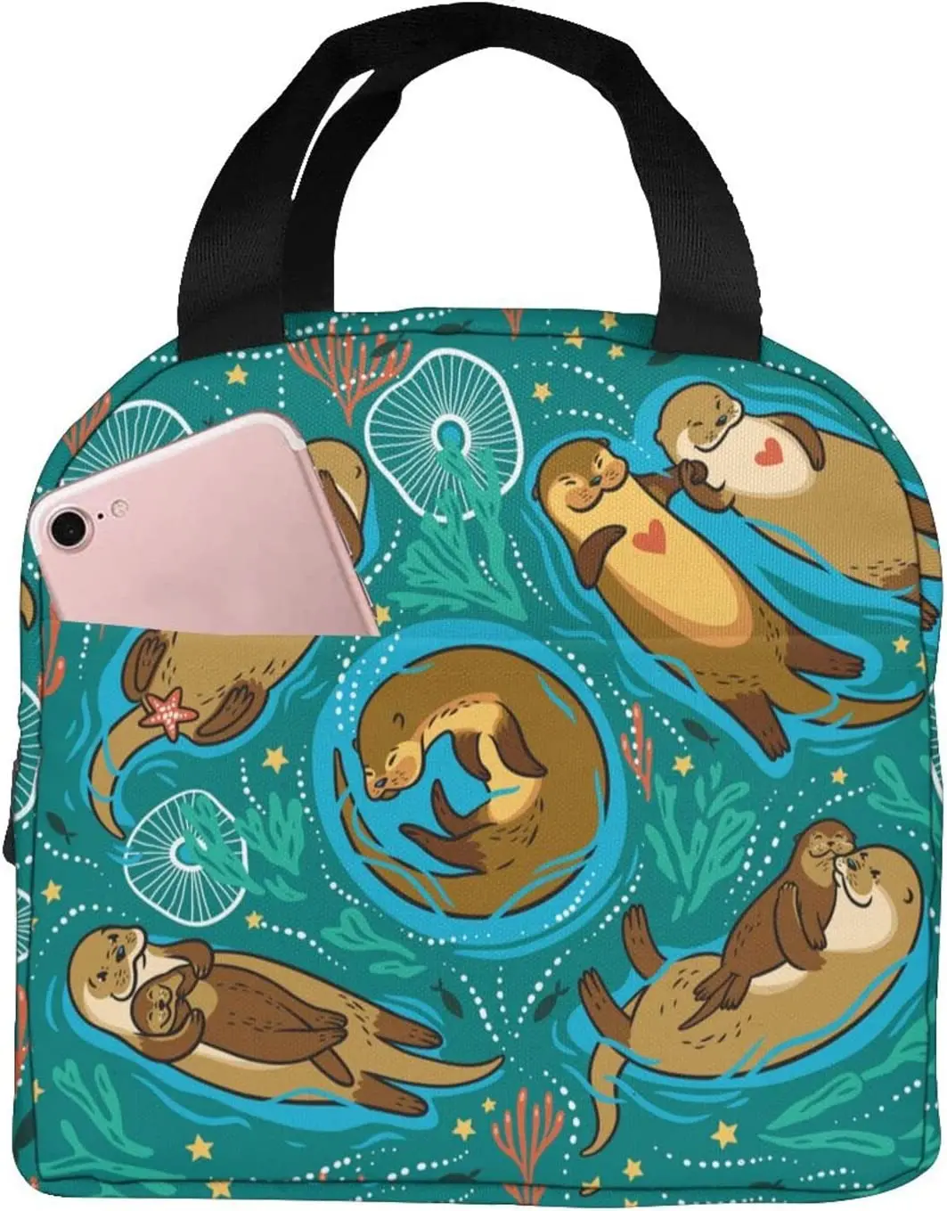 

Lovely Otter Family Green Lunch Bag Insulated Lunch Box Cooler Tote With Front Pocket For Men Women