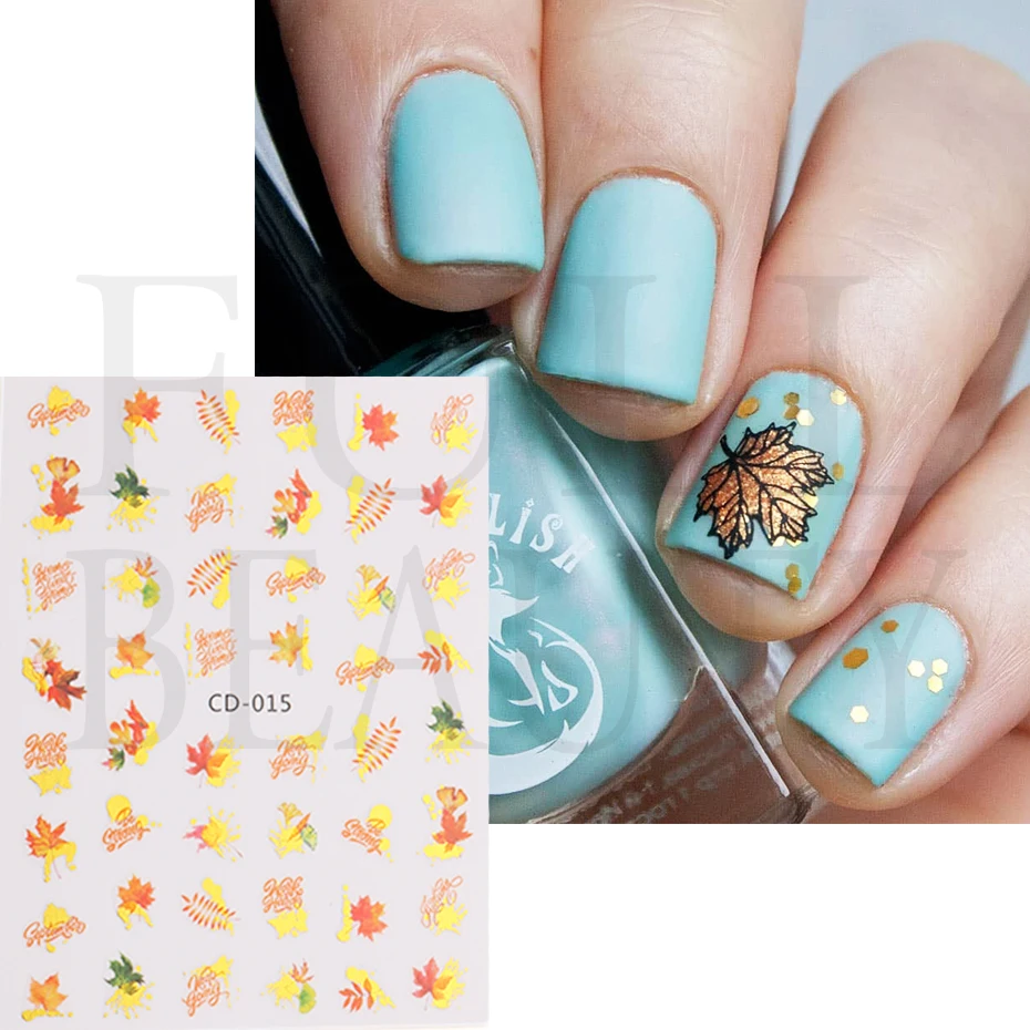 

Блестящие Бронзовые Золотые Осенние Наклейки для ногтей с Кленовым листом Бегония Подсолнух Сосновые шишки Слайдеры Для маникюра Трансфер...