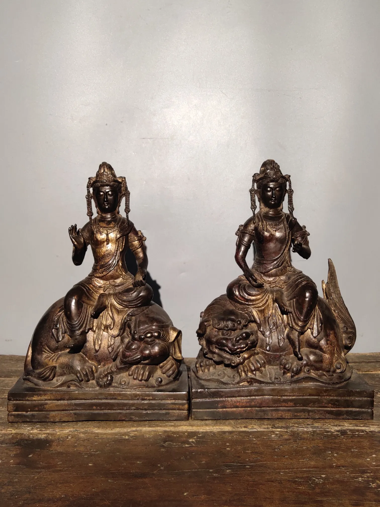 

15" Tibetan Temple Collection Old Bronze cinnabar Northern Wei Buddha Manjushri Samantabhadra set worship hall Town House