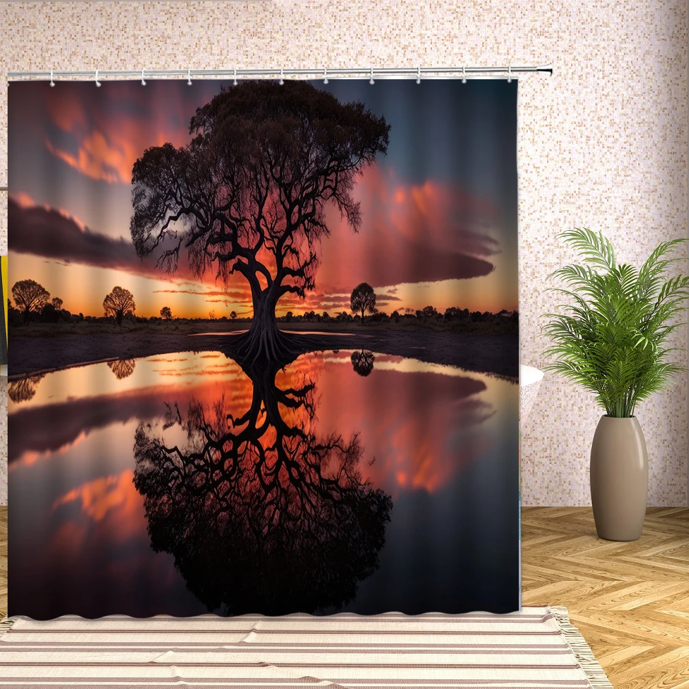 

Lake Sunset Tree View Shower Curtain Watercolor Cartoon Landscape Print Waterproof Bath Curtains Bathroom Decor With Hook Screen