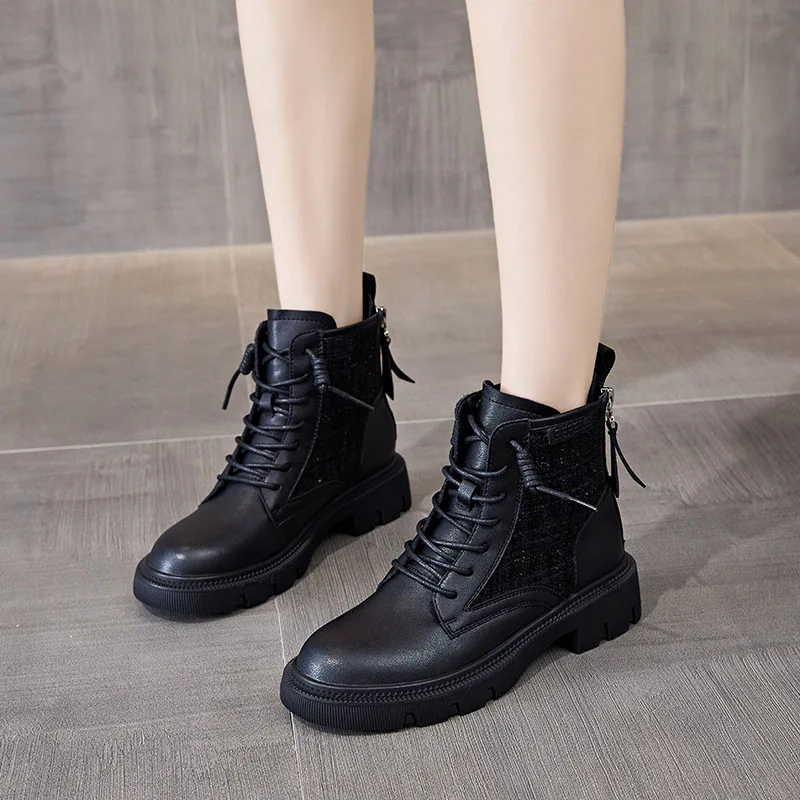 Women Leather Boots Rear Zipper Thick Sole Motorcycle Non-slip Middle Heel Shoes Fashion Low Top New Arrivals