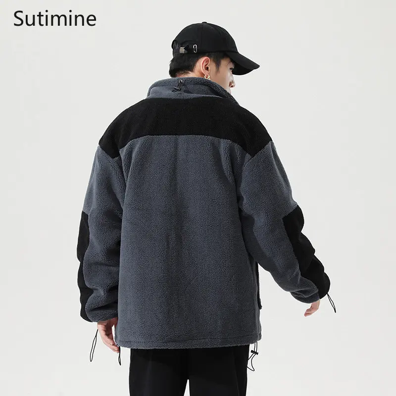 Coats Men Casual Stand Collar Lamb Fleece Jacket for Teenagers Loose Thickened and Warm Pockets Spliced  Winter Coat