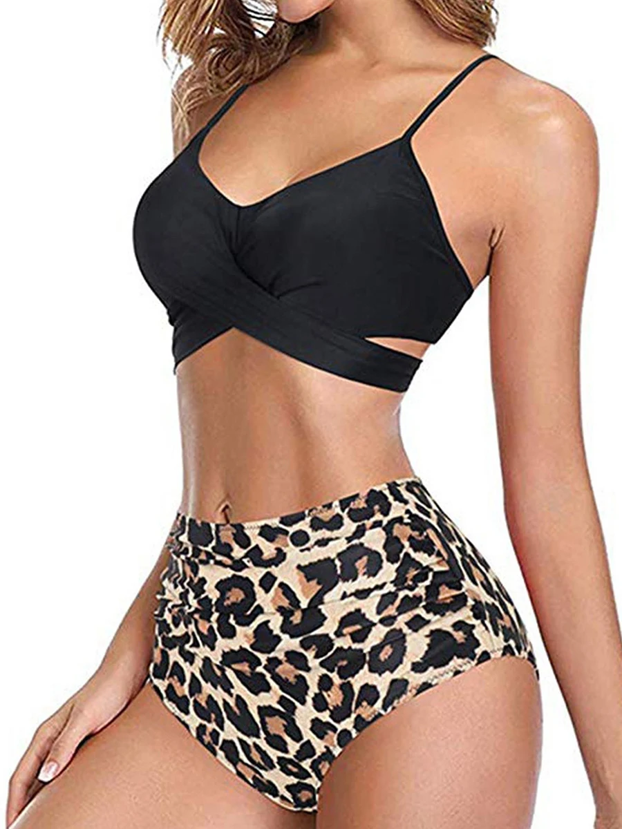 

2023 Leopard Print Strape Bikinis Cross Front Swimsuit Women High Waist Smocked Swimwear Female Bathers Bathing Suit Beachwear