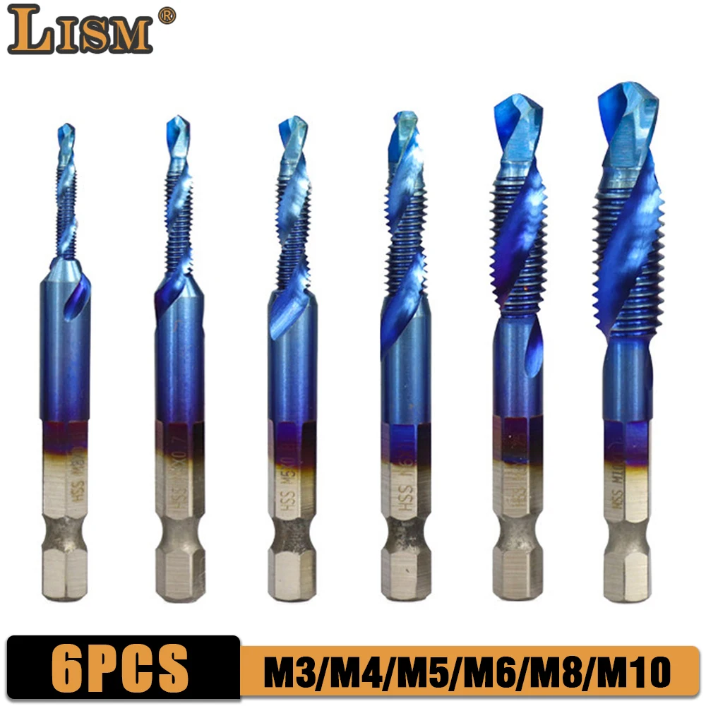 

6Pcs Titanium Plated Hex Shank HSS Screw Thread Metric Tap Drill Bits Screw Machine Compound M3 M4 M5 M6 M8 M10 Hand Tools