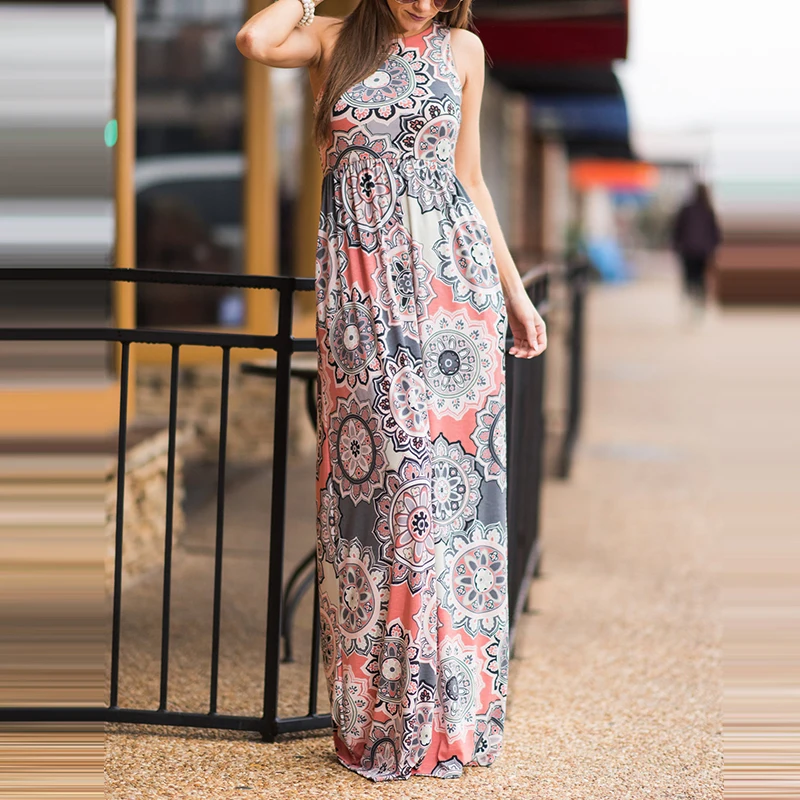 Женское длинное платье без рукавов MISSJOY с круглым вырезом, повседневное летнее свободное платье с принтом и высокой талией, Пляжное свободное платье в стиле бохо Женское длинное платье без рукавов MISSJOY с круглым вырезом, повседневное летнее свободное платье с принтом и высокой талией, Пляжное свободное платье в стиле бохо