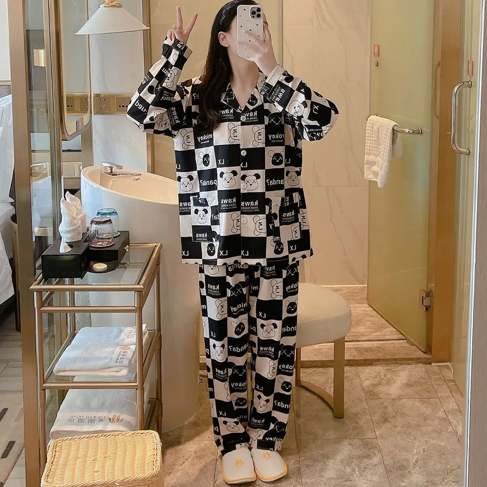 

Spring Autun New Women Pajamas Set Plaid Striped Print Sweet Home Suit Female Turn-down Collar Long-sleeve Pants Household Wear