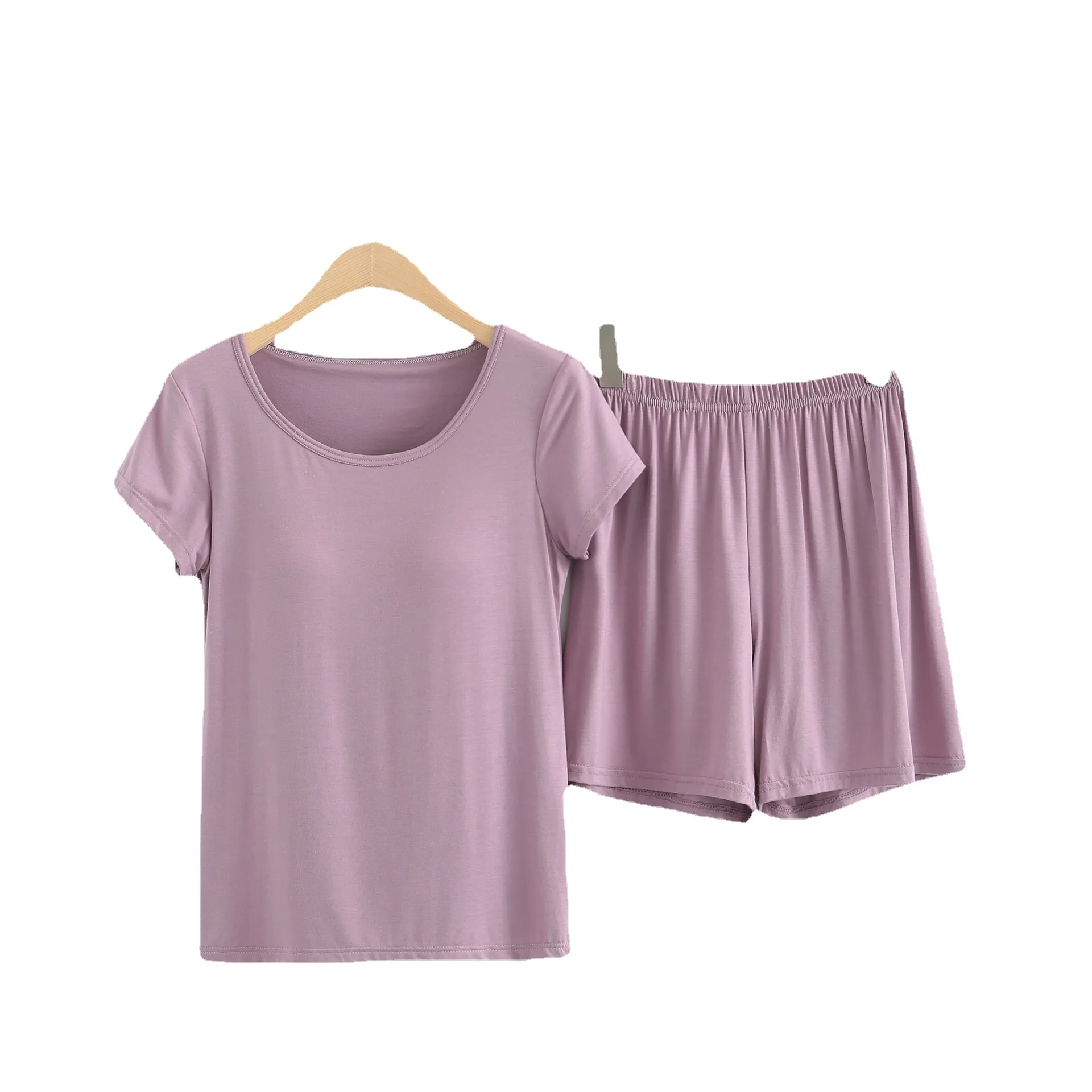 Modal Women's Pajamas Sets Solid Loungewear Bra-free Cup Integrated Half-sleeved Shorts Causal Shorts Sleepwear Women Sleep Wear