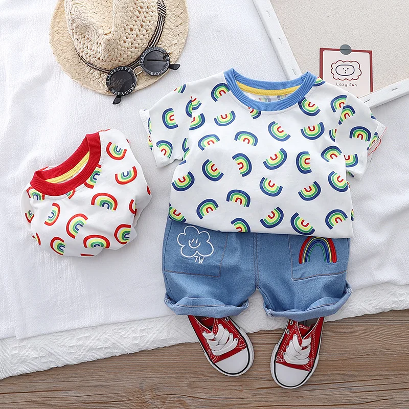 

Summer Baby Boys Short Sleeve O Neck Rainbow T-Shirt Tops + Casual Denim Jeans Pants Children's 2Pcs Suits Kids Clothing Sets