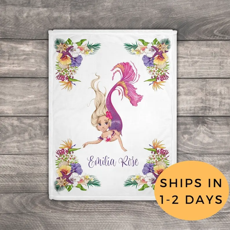 

Mermaid Blanket, Girl Mermaid Blanket, Personalized Name Throw Blanket, Throw Blanket Boho, Floral Throw Blanket, Unique Throw B