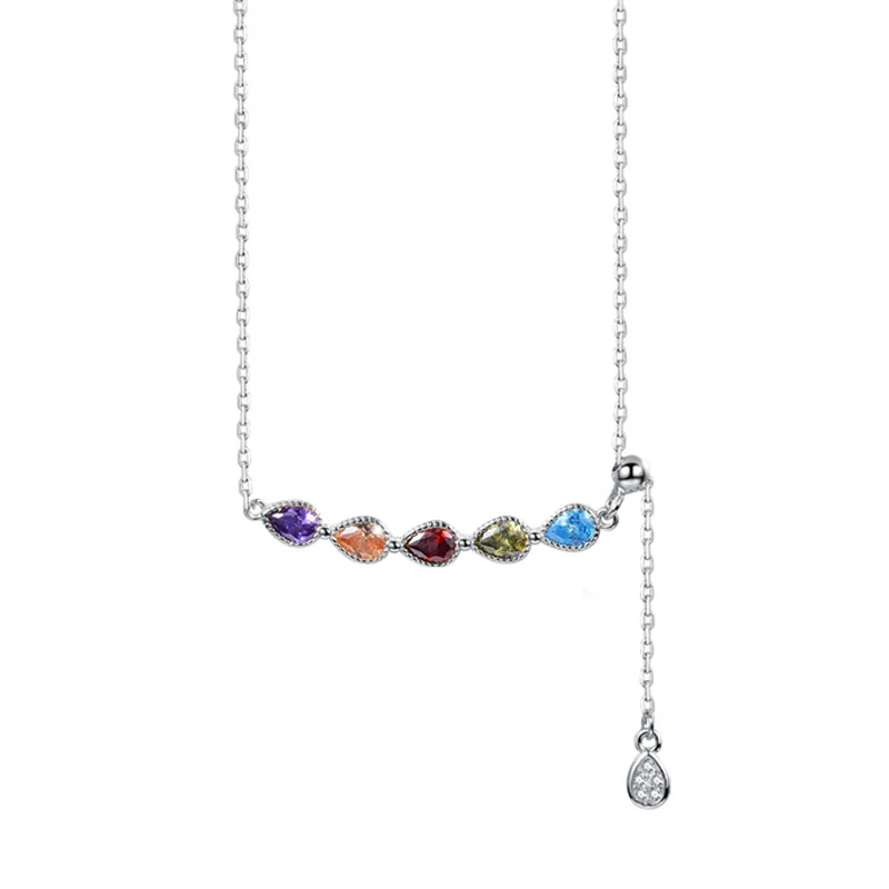 

New Fashion Rainbow Waterdrop Zircon Necklace for Women Soild 925 Sterling Silver Retro Niche Clavicle Chain Simple Fine Jewelry