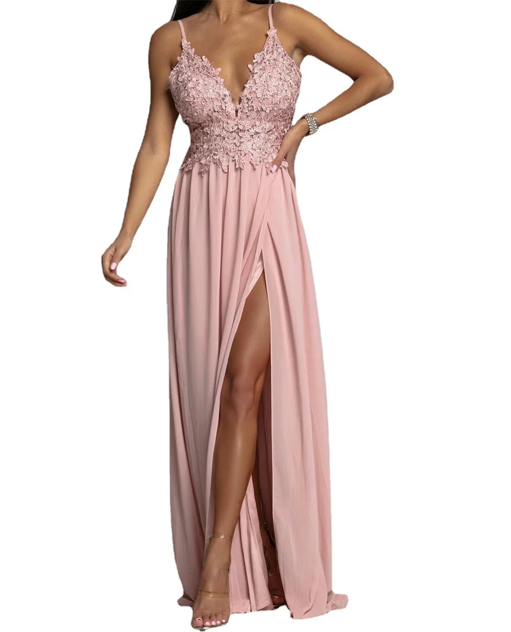 Sexy Women V-neck Maxi Dress 2023 New in Satin Applique Spaghetti Long Dress Elegant Prom Party Graduation Dresses