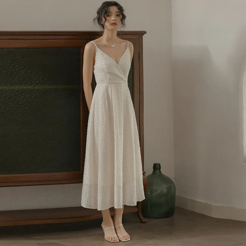 

French Vintage Chiffon Fairy Dress 2023 Women V Neck Embroidery Slip Dress Cottagecore Seaside Holiday Party Sleeveless Clothing